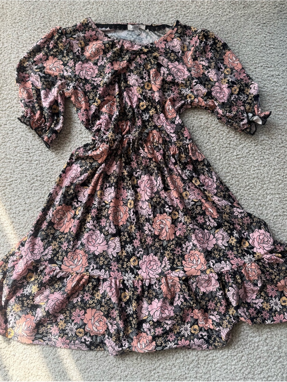 AUW Black Midi Dress with Pink Floral Print fit flare y2k midi
